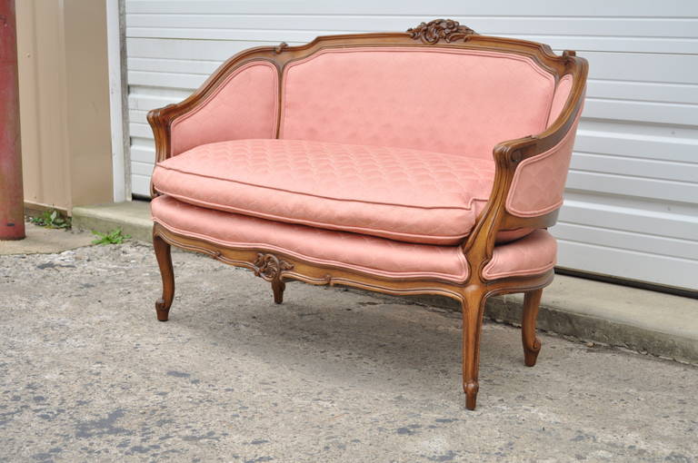 Small French Country Louis XV Style Carved Walnut Pink Settee Loveseat Petite 2