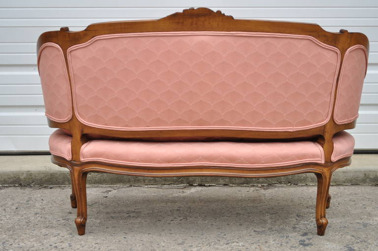 20th Century Small French Country Louis XV Style Carved Walnut Pink Settee Loveseat Petite