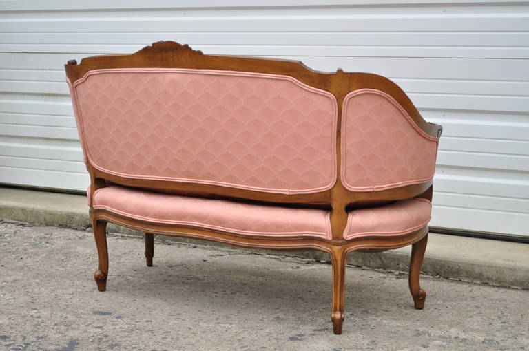 Fabric Small French Country Louis XV Style Carved Walnut Pink Settee Loveseat Petite