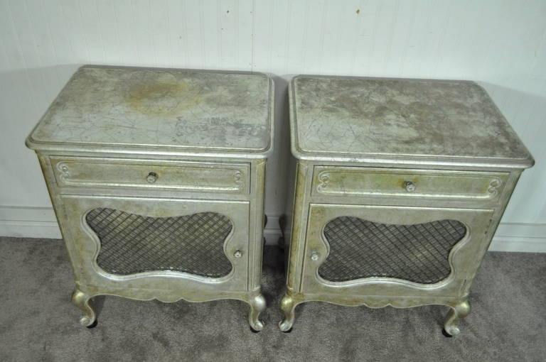 Mid-20th Century Pair Hollywood Regency French Style Silver Leaf Bedside Table Mirror Nightstands