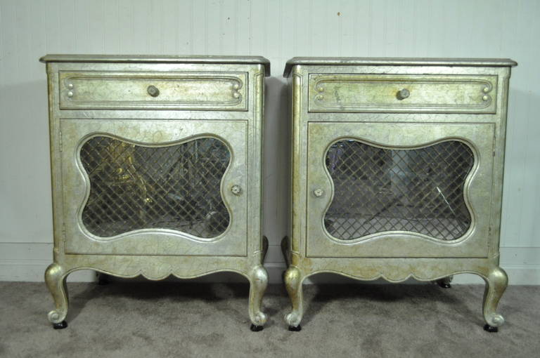 Pair Hollywood Regency French Style Silver Leaf Bedside Table Mirror Nightstands