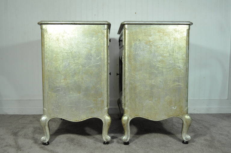 Pair Hollywood Regency French Style Silver Leaf Bedside Table Mirror Nightstands 1