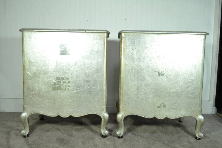 Pair Hollywood Regency French Style Silver Leaf Bedside Table Mirror Nightstands 2