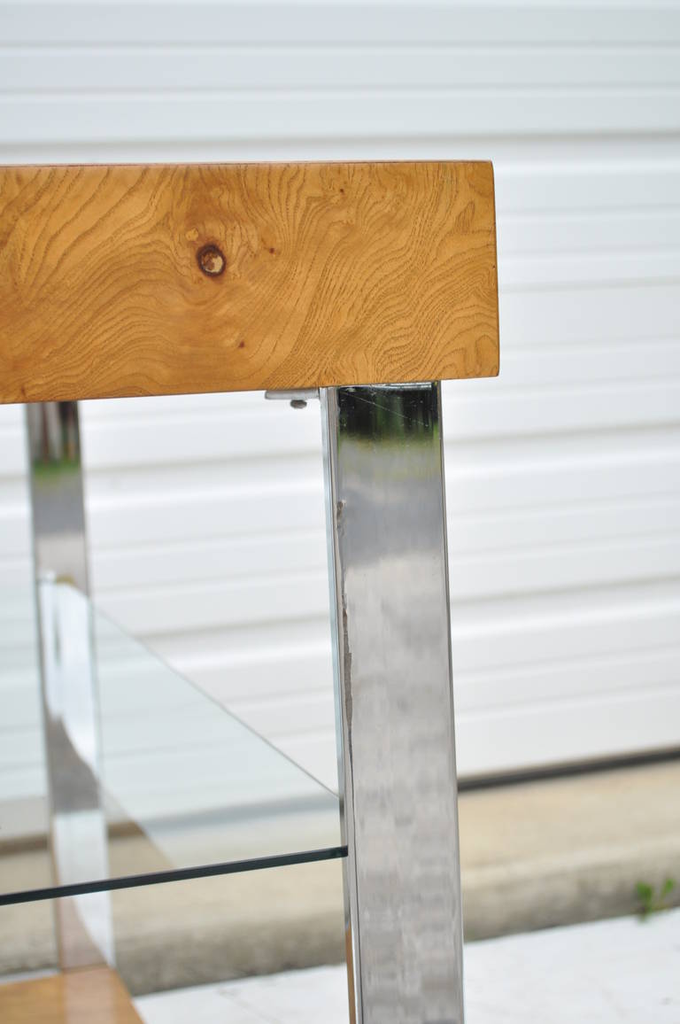 American Lane Mid Century Modern Burl Wood Chrome and Glass Bar Cart after Milo Baughman