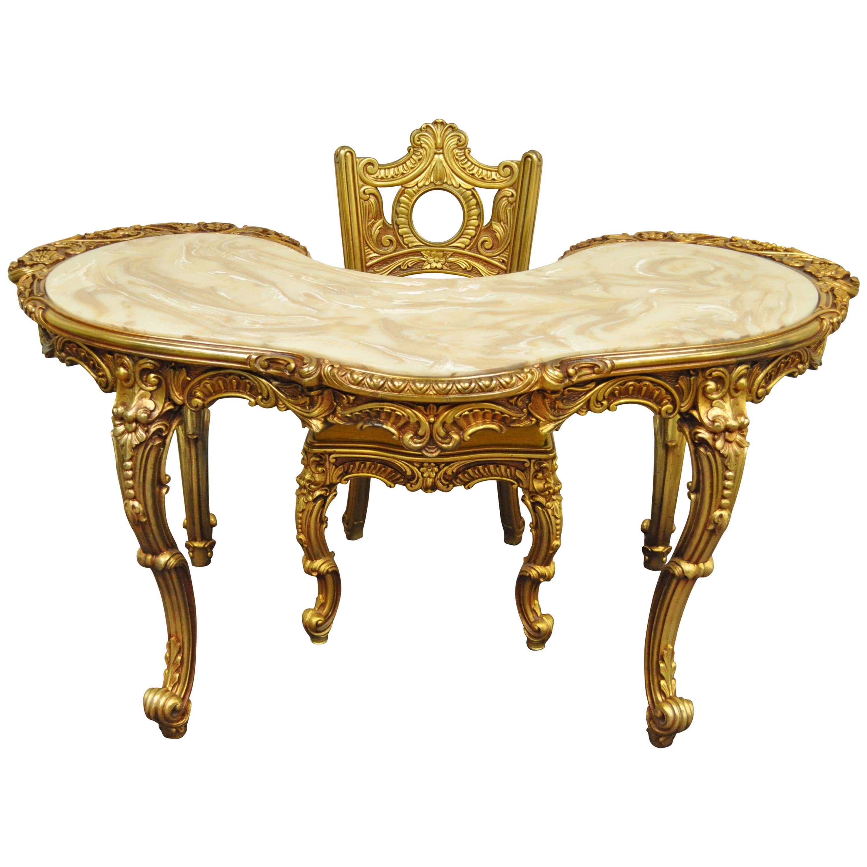 French Baroque Style Gold Gilt Kidney Vanity Desk & Chair attr. to Roma Furn.