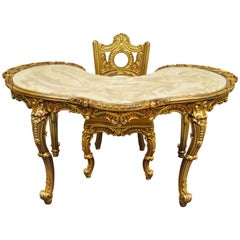 Retro French Baroque Style Gold Gilt Kidney Vanity Desk & Chair attr. to Roma Furn.