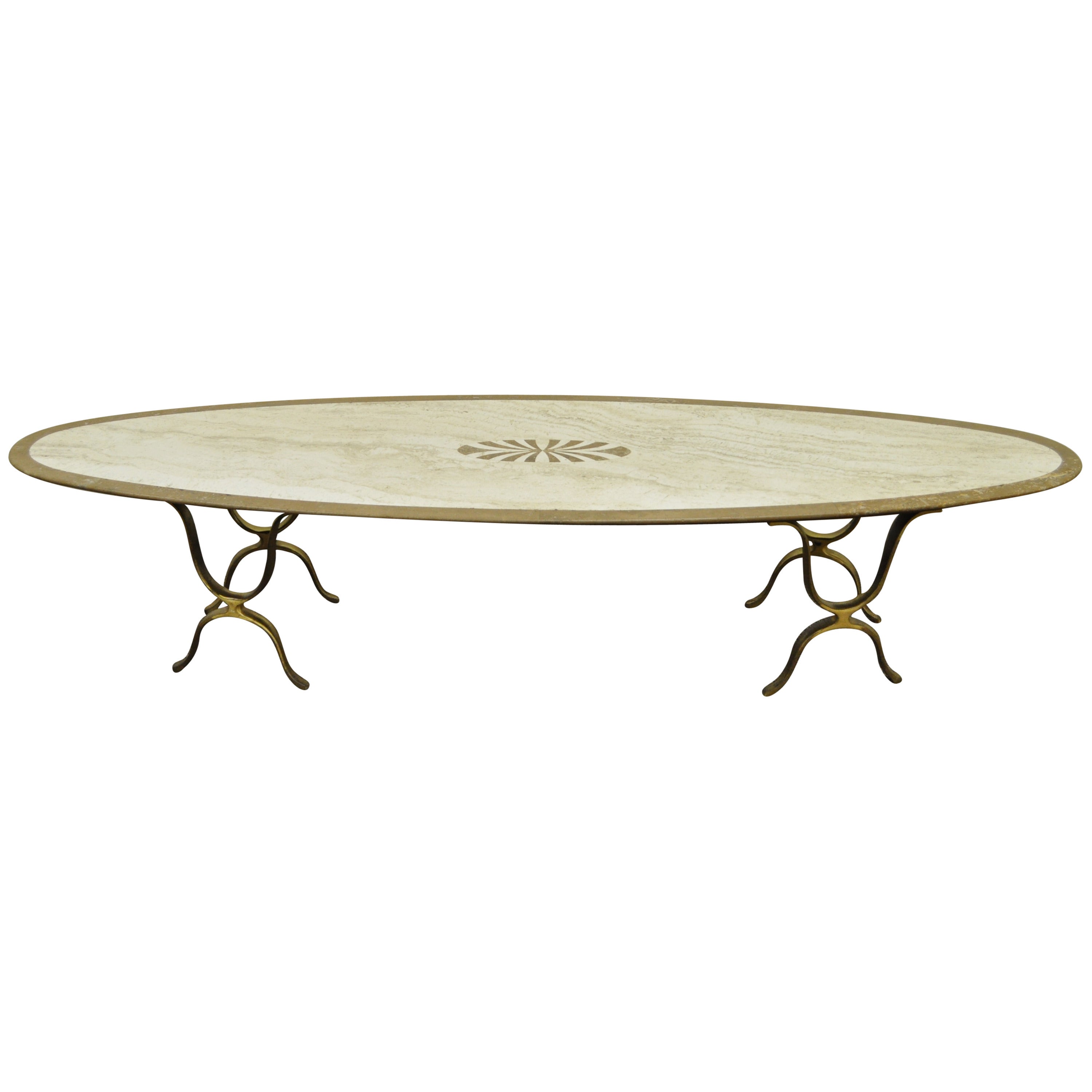 Table basse ovale italienne Hollywood Regency en travertin et laiton pour planches de surf en vente