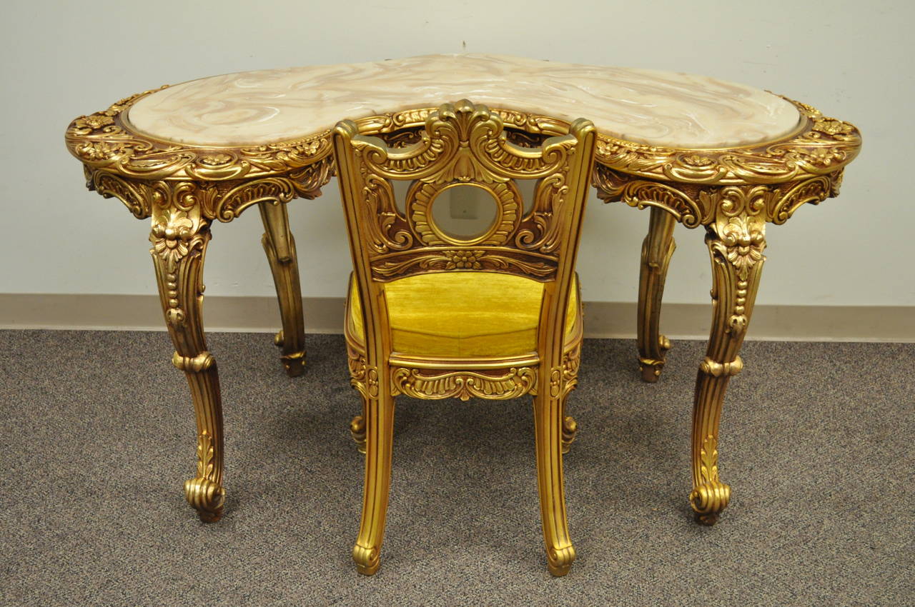 French Baroque Style Gold Gilt Kidney Vanity Desk & Chair attr. to Roma Furn. 1