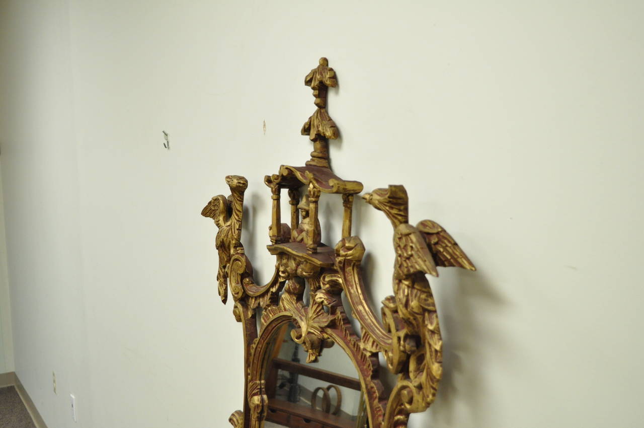 Glass Carved Wood Chinese Chippendale Chinoiserie Figural Bird Pagoda 69