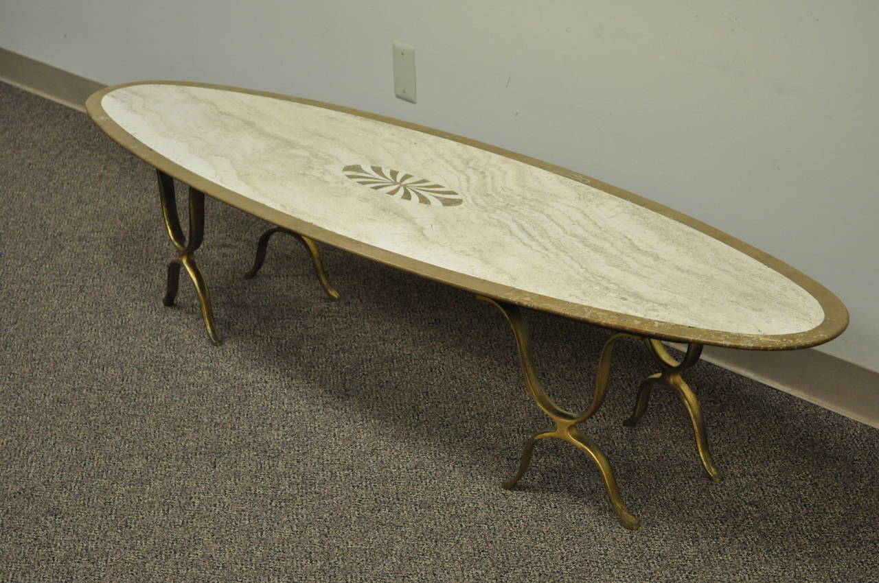 Italian Hollywood Regency Travertine & Brass Long Oval Surfboard Coffee Table For Sale 5
