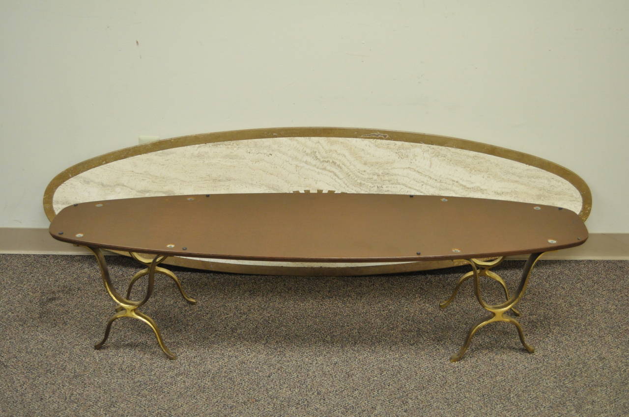 Italian Hollywood Regency Travertine & Brass Long Oval Surfboard Coffee Table For Sale 3