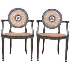 Pair of Italian Hand Carved & Distressed Medallion Back French Style Armchairs