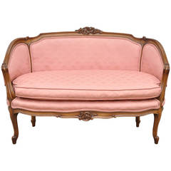 Small French Country Louis XV Style Carved Walnut Pink Settee Loveseat Petite