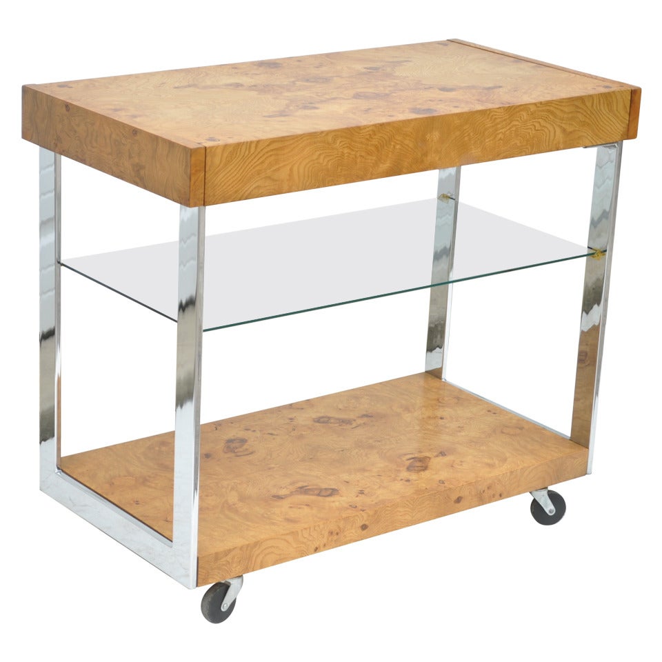 Lane Mid Century Modern Burl Wood Chrome and Glass Bar Cart after Milo Baughman