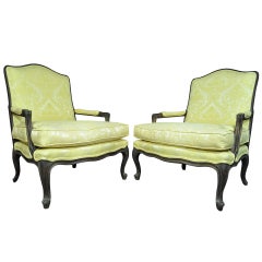 Pair of Italian Distressed French Louis XV Style Yellow Bergere Chair Arm Chairs