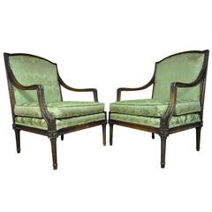 Pair of Italian Carved French Louis XVI Style Distressed Fauteuils or Armchairs