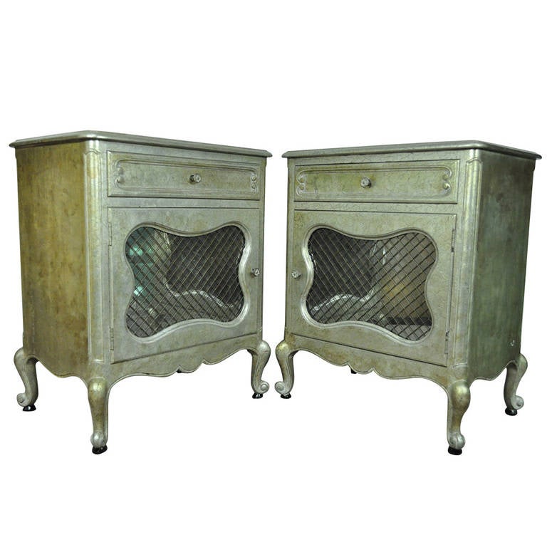 Pair Hollywood Regency French Style Silver Leaf Bedside Table Mirror Nightstands For Sale at 1stdibs
