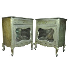 Pair Hollywood Regency French Style Silver Leaf Bedside Table Mirror Nightstands