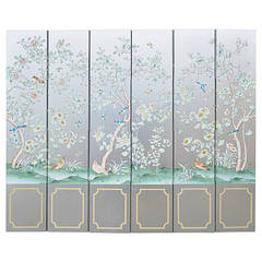 Six Panel Silver Leaf Chinoiserie Hollywood Regency Divider Screen