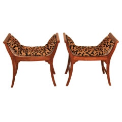 Pair of Italian Neoclassical Style Cane & Cheetah Window Benches