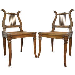 Pair of Vintage French Neoclassical Style Carved Harp / Lyre Back Side Chairs 11
