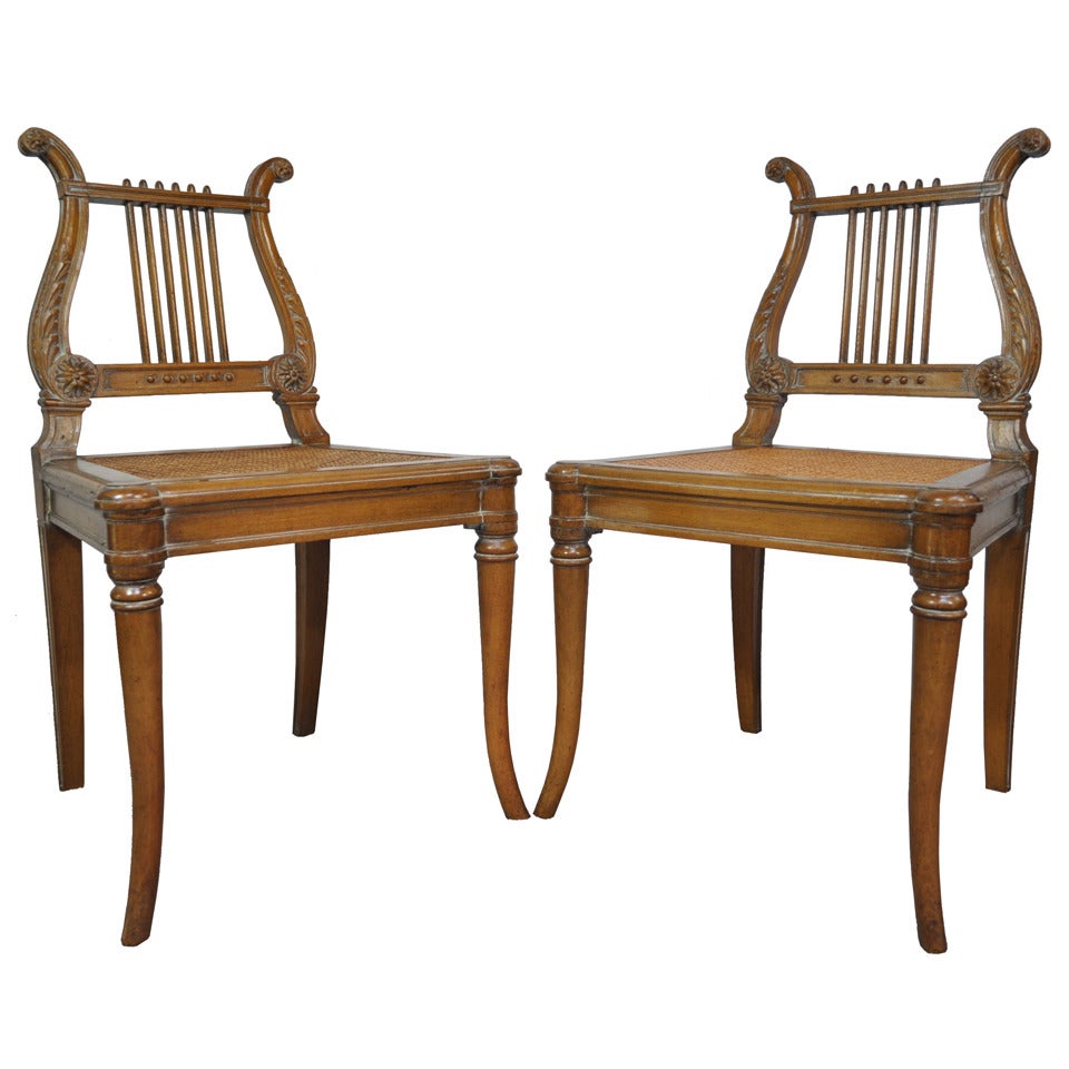 French Neoclassical Style Carved Lyre Back Italian Side Chairs Cane Seat a Pair