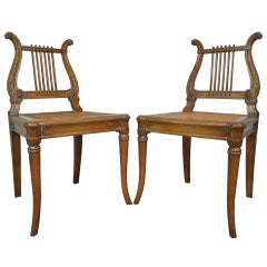 Vintage French Neoclassical Style Carved Lyre Back Italian Side Chairs Cane Seat a Pair