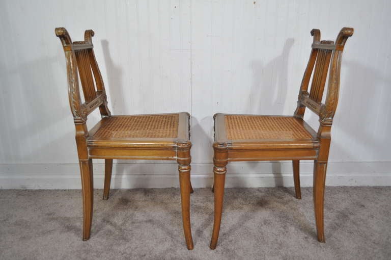 Wood French Neoclassical Style Carved Lyre Back Italian Side Chairs Cane Seat a Pair