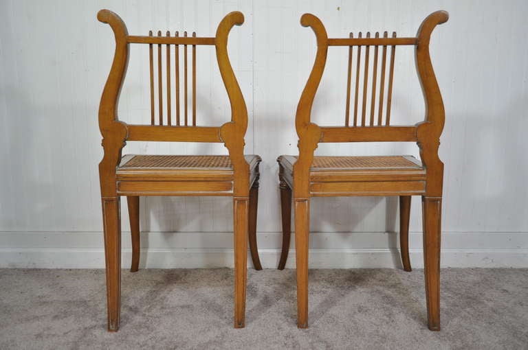 French Neoclassical Style Carved Lyre Back Italian Side Chairs Cane Seat a Pair 2