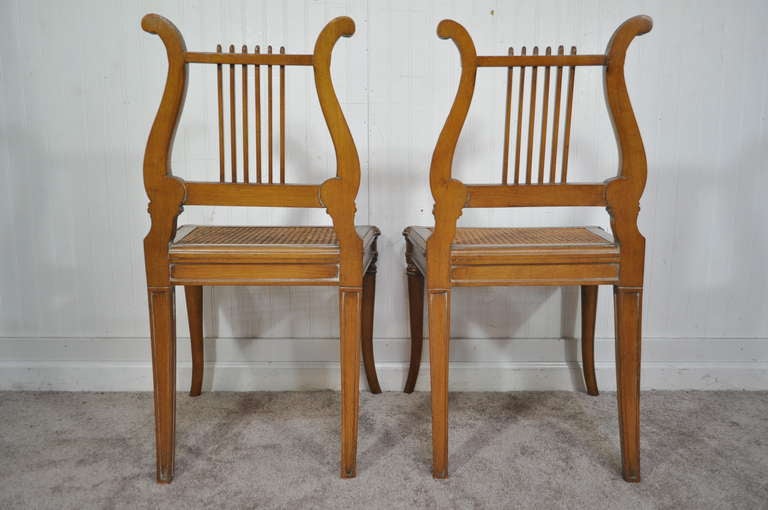 French Neoclassical Style Carved Lyre Back Italian Side Chairs Cane Seat a Pair 2