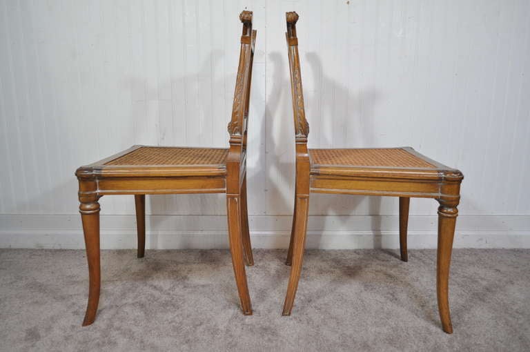 French Neoclassical Style Carved Lyre Back Italian Side Chairs Cane Seat a Pair 1