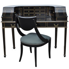 Bureau et chaise en laque noire Maitland Smith & Gold Regency Style Carlton House