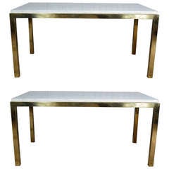 Pair of Hollywood Regency Brass and Inset Marble Modernist Side / Coffee Tables