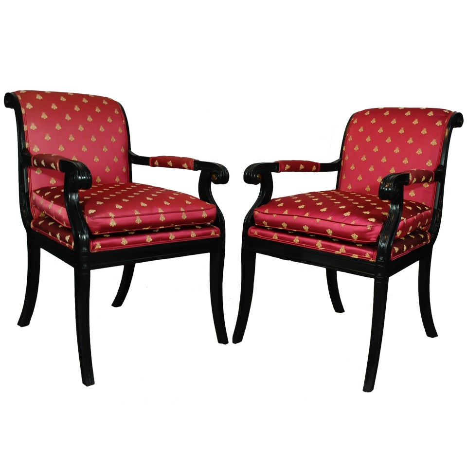 Pair of Vintage Ebonized French Neoclassical / Empire Style Klismos Armchairs