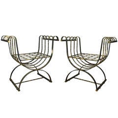 Pair of Iron Neoclassical Style Curule Throne Benches - Burnished Brass Finish 8