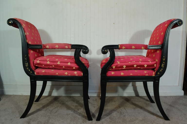 Very Stylish Pair of Vintage Ebonized and Upholstered French Neoclassical / Empire Style Armchairs with Klismos Legs and Fabulous Elegant Form.