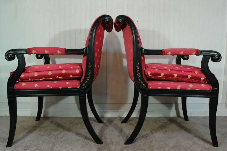 Pair of Vintage Ebonized French Neoclassical / Empire Style Klismos Armchairs 1