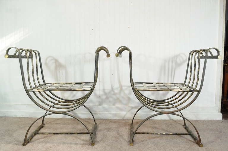 Pair of Burnished Brass Iron Italian Neoclassical Curule Throne Bench Chairs 5