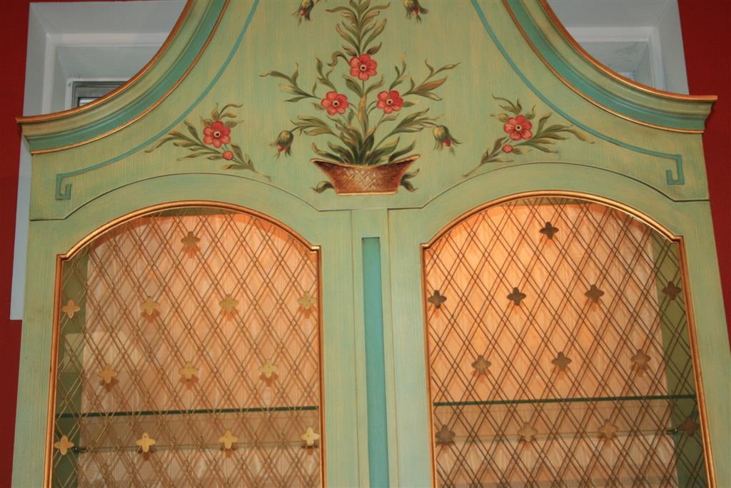 American John Widdicomb Green Paint Decorated French Style Curio China Cabinet
