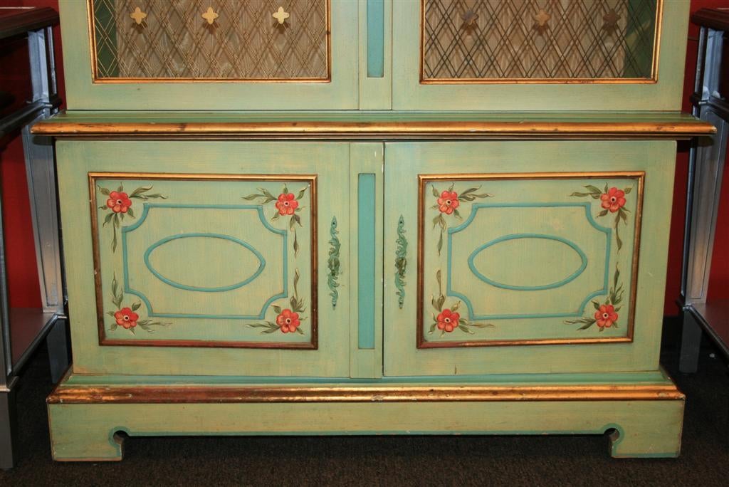 John Widdicomb Green Paint Decorated French Style Curio China Cabinet In Good Condition In Philadelphia, PA