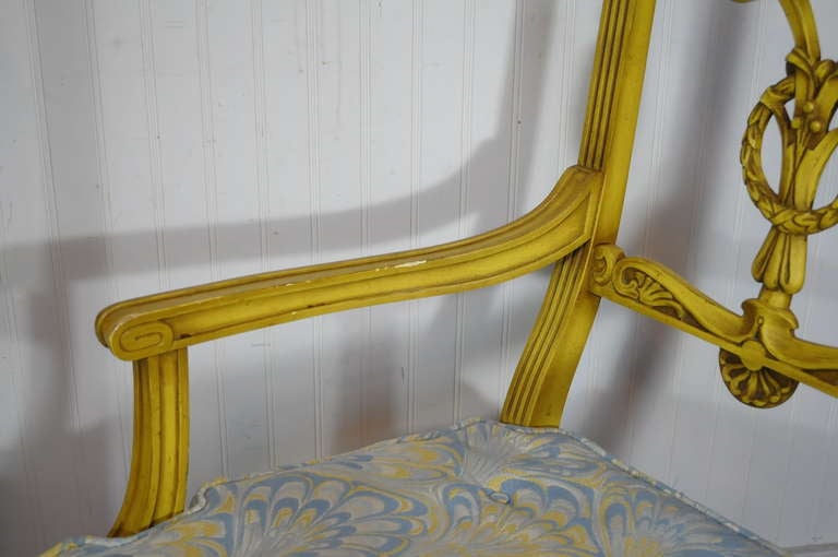 Fabric 6 Yellow Painted French Regency Louis XVI Style Carved Dining Room Chairs For Sale