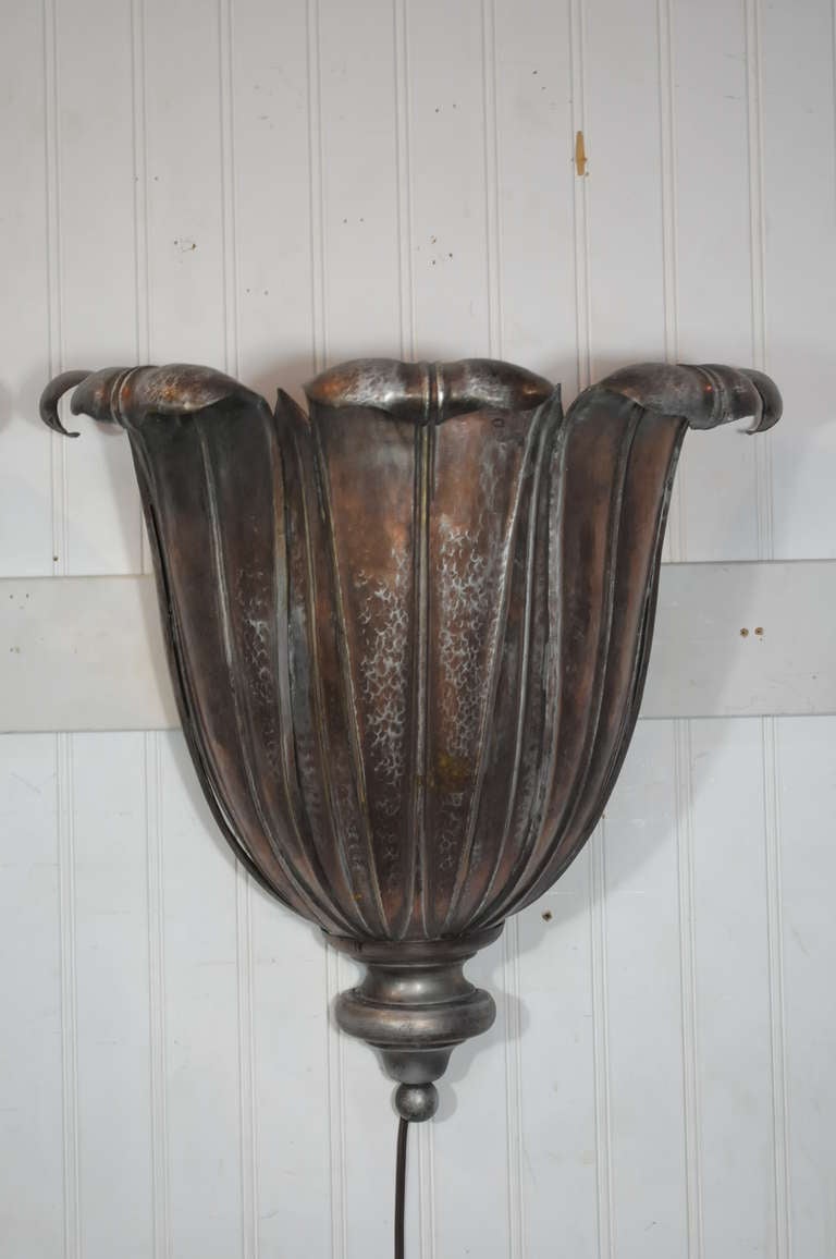 Mid-20th Century French Art Deco Hand Hammered Copper Lotus Up Light Sconces attr. Maison Jansen For Sale