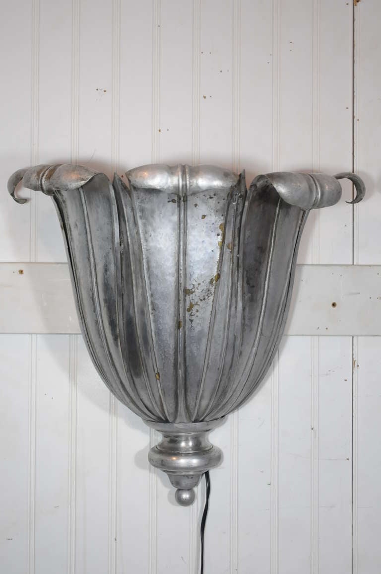 French Art Deco Hand Hammered Copper Lotus Up Light Sconces attr. Maison Jansen For Sale 2
