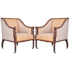 Pair of Faux Bamboo-Form Satinwood Inlaid Regency Style Mahogany Armchairs 2