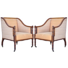 Pair of Faux Bamboo Satinwood Inlay Regency Sheraton Mahogany Club Arm Chairs