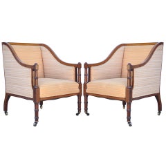 Antique Pair of Faux Bamboo Satinwood Inlay Regency Sheraton Mahogany Club Arm Chairs