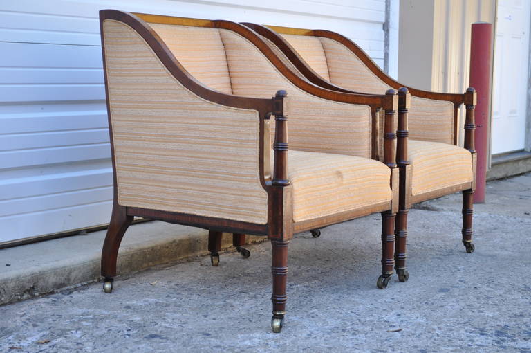 American Pair of Faux Bamboo Satinwood Inlay Regency Sheraton Mahogany Club Arm Chairs