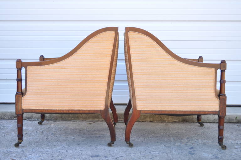 20th Century Pair of Faux Bamboo Satinwood Inlay Regency Sheraton Mahogany Club Arm Chairs