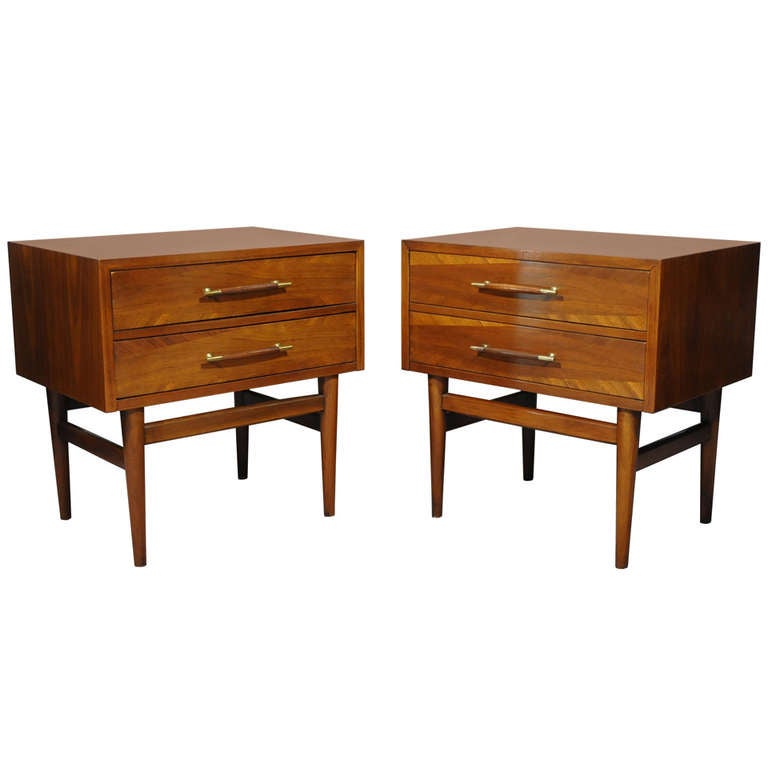 Vintage Pair of American Walnut Banded Modernist Nightstands Danish