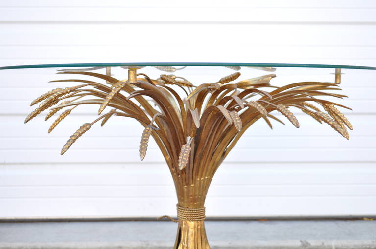 Rare Italian Hollywood Regency Sheaf of Wheat Gold Gilt Metal Center Table In Good Condition In Philadelphia, PA
